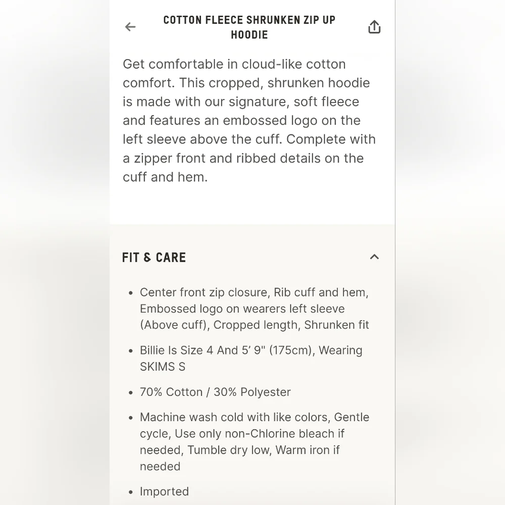 💕NWT SKIMS 🩷Cotton Fleece Shrunken Zip Up Cropped Hoodie Light BARELY PINK M - Picture 9 of 11